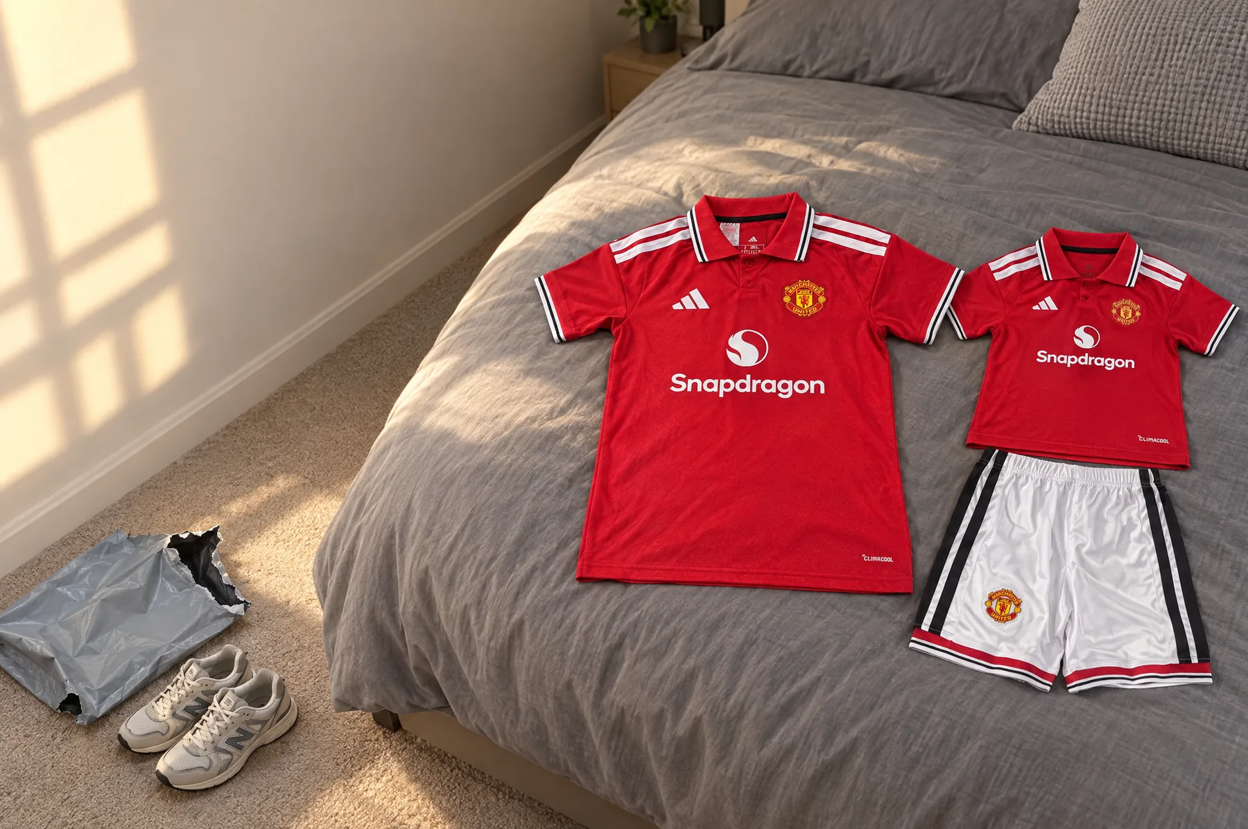 An adult shirt and a matching kids kit laid out on a bed, the delivery bag open on the floor beside it