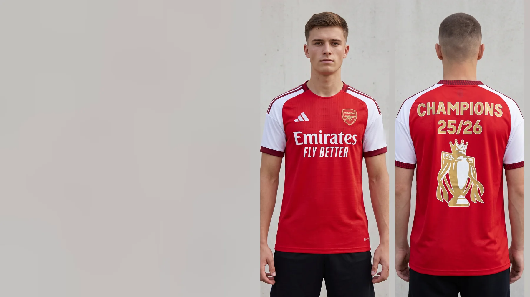 Two models in the Arsenal Home Champions 25/26 shirt, front and back