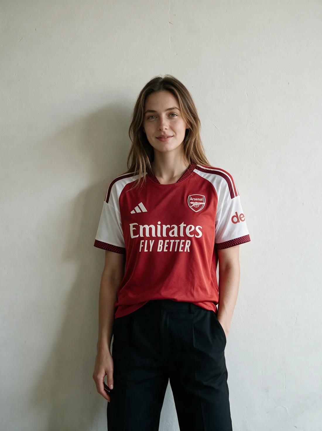 Model wearing the Arsenal home shirt