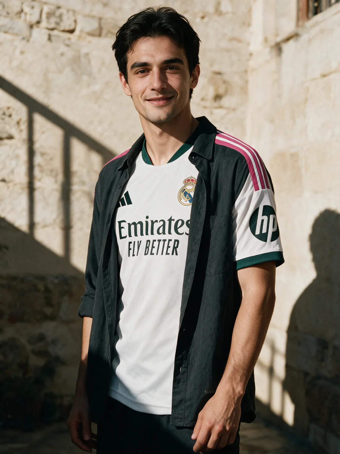Model wearing the Real Madrid home shirt