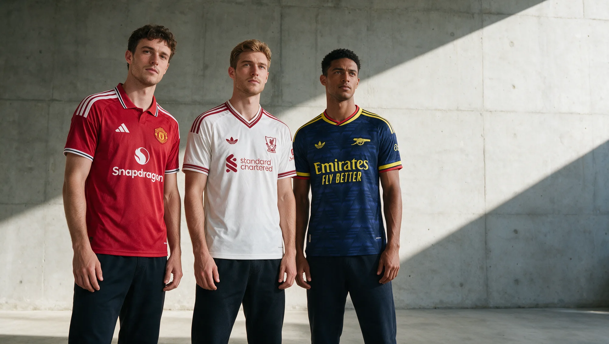 Three models wearing the Manchester United home, Liverpool away and Arsenal away shirts in a concrete hall