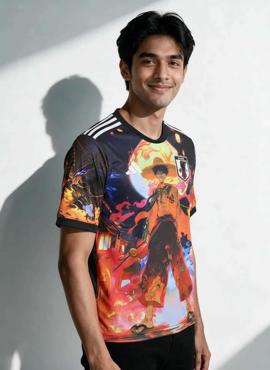 Model wearing an anime football shirt