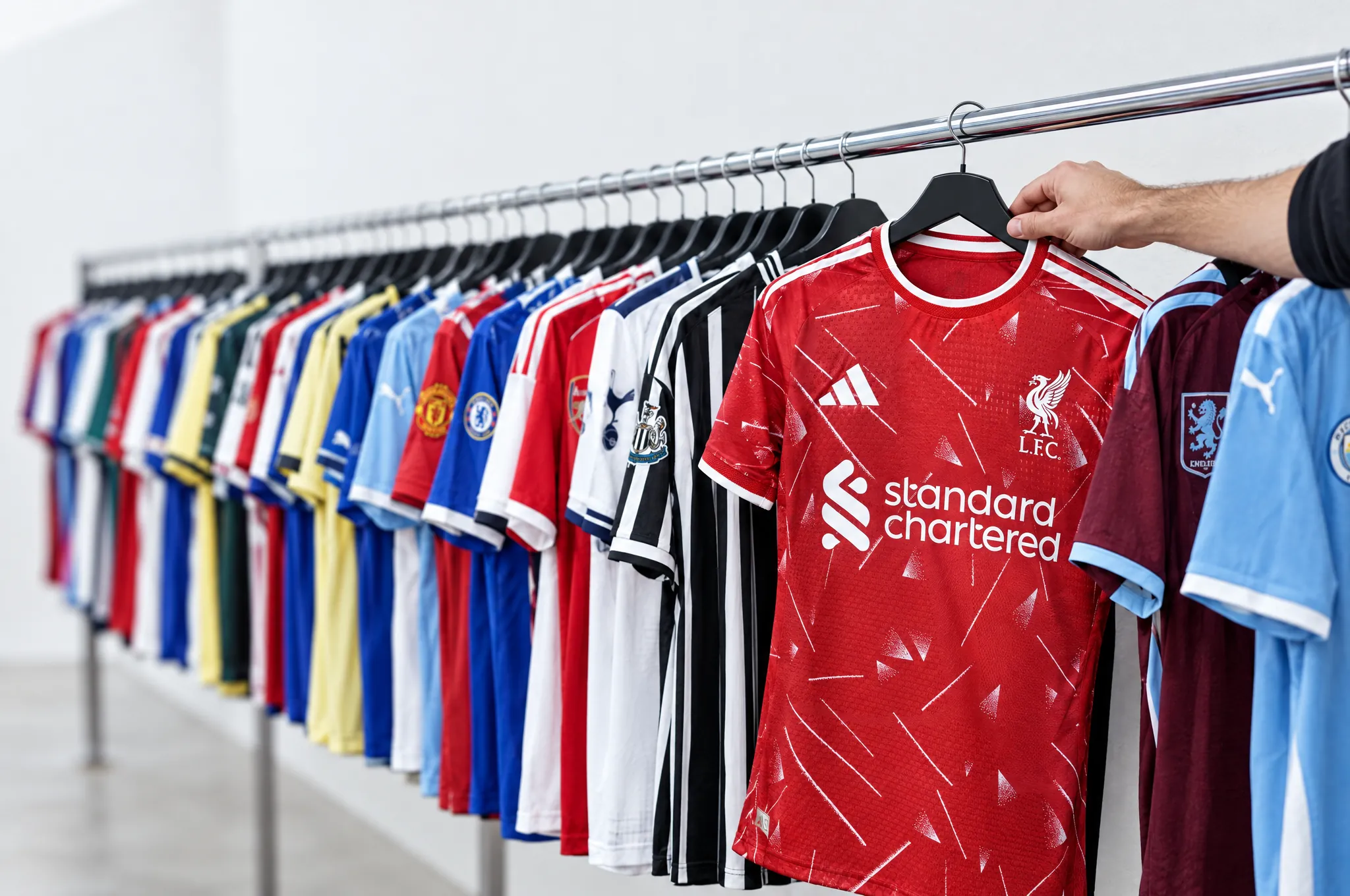 A long rail packed with football shirts in every club's colours, one red shirt pulled forward on its hanger