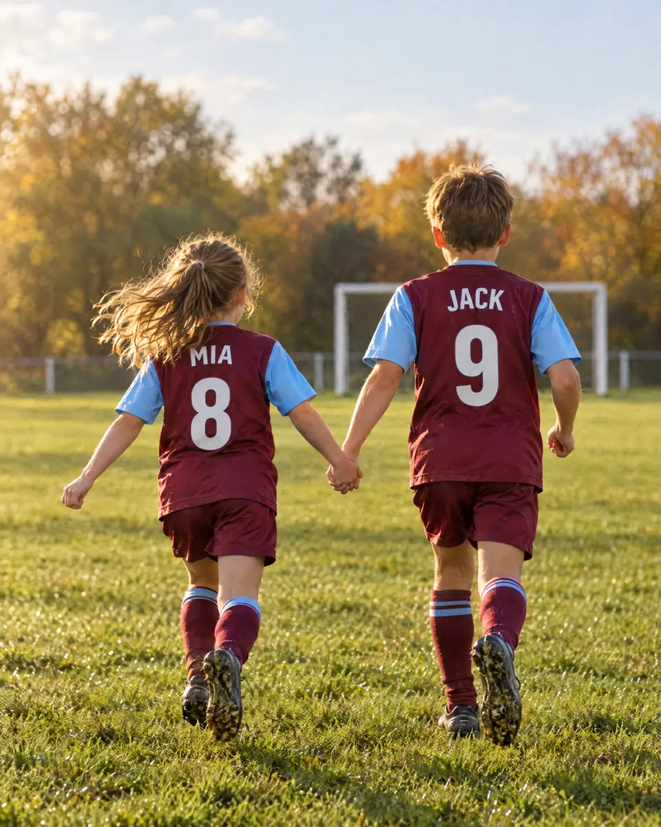 Two children running onto a pitch in claret and blue kits with their names on the back