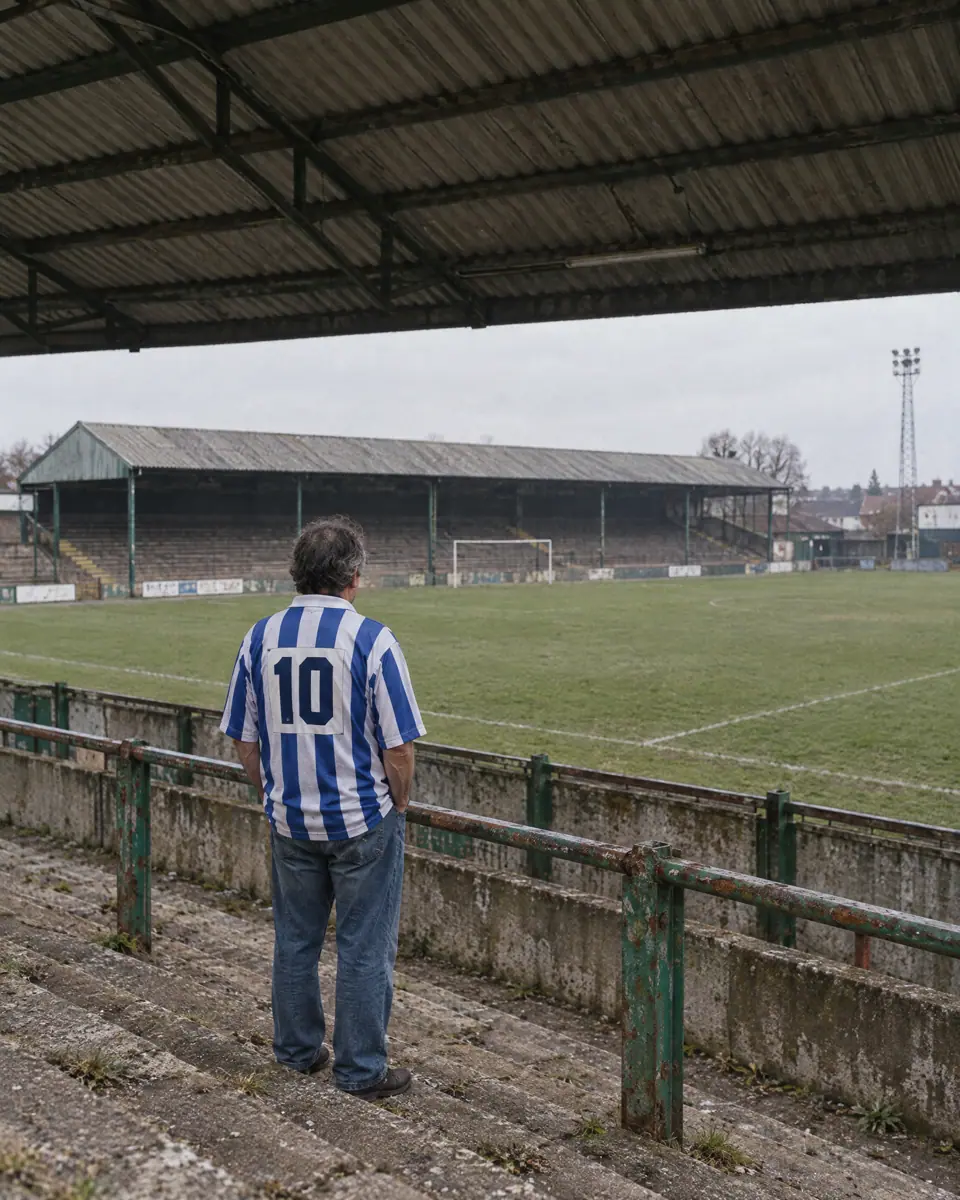 A man in a striped 1990s style shirt with a number 10 on the back, standing on old terraces
