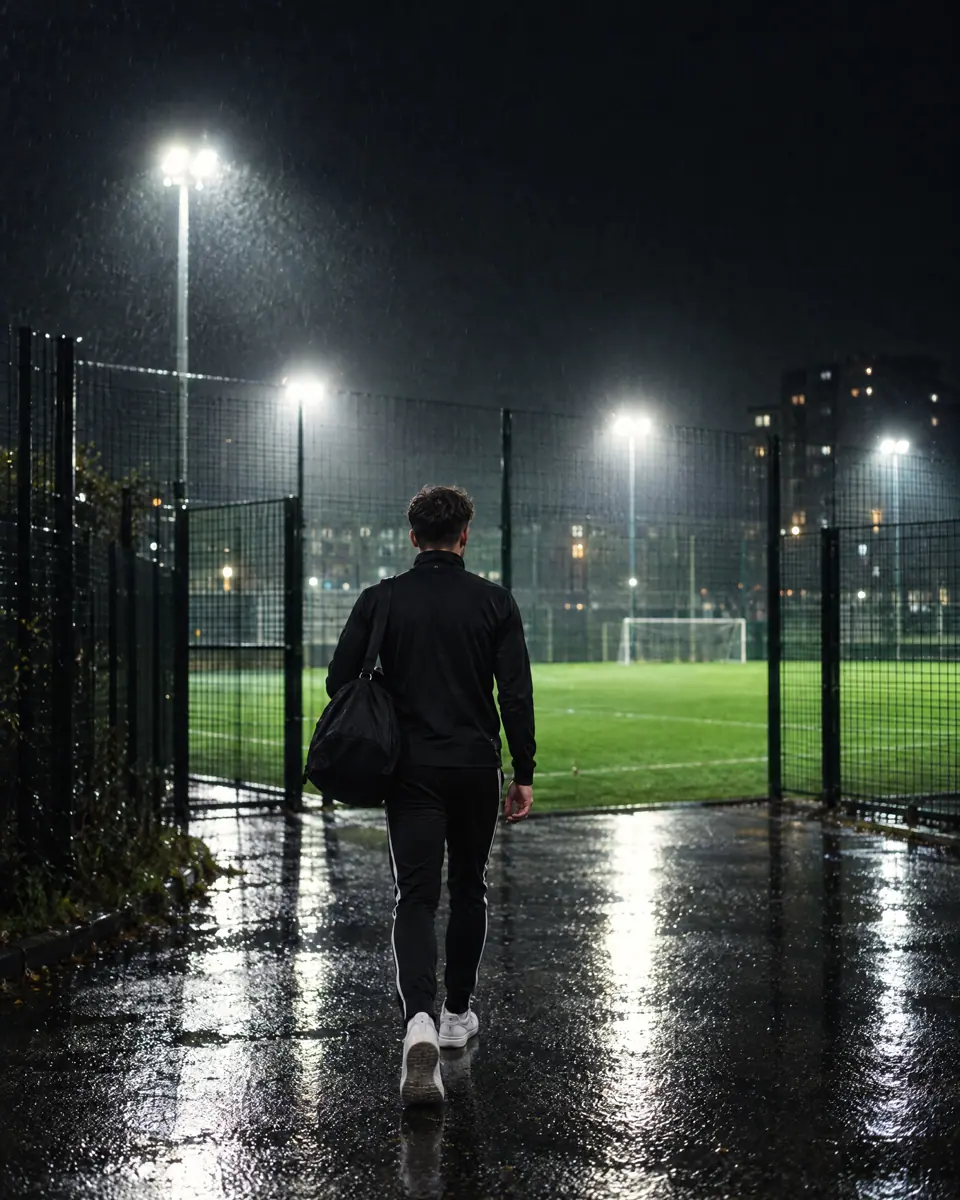 A man in a black training top and tracksuit walking to a floodlit five-a-side pitch at night